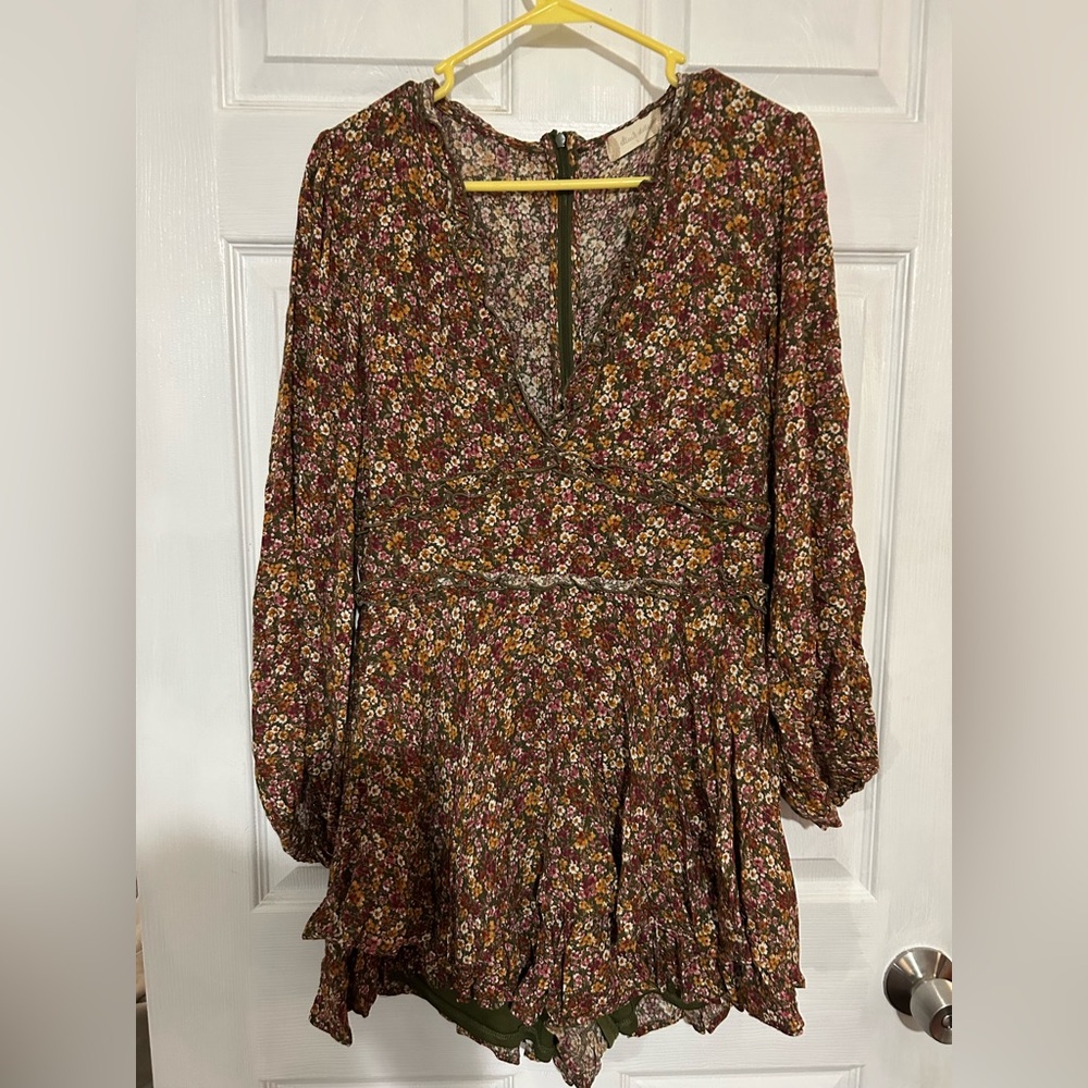Altar'd State Brown Floral V-Neck Long Sleeve Romper